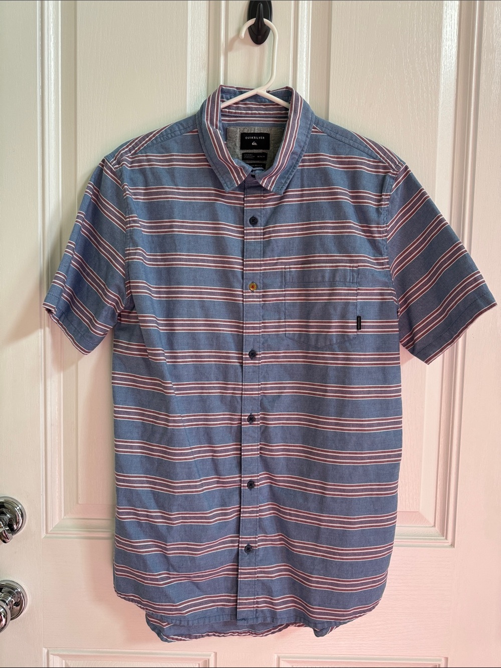 Quiksilver Men’s Short Sleeve Striped Button Down Shirt Blue Red